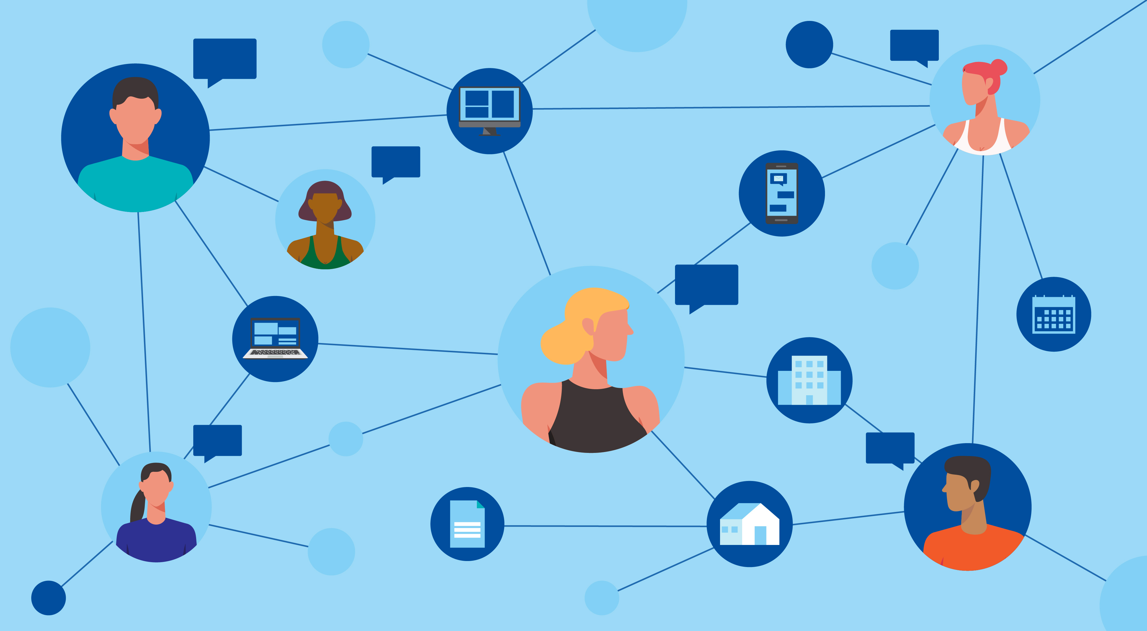Grafische Darstellung eines Netzwerks mit verbundenen Kreisen, Icons von Personen und Dokumenten – Symbol für digitale Informationsrecherche.
